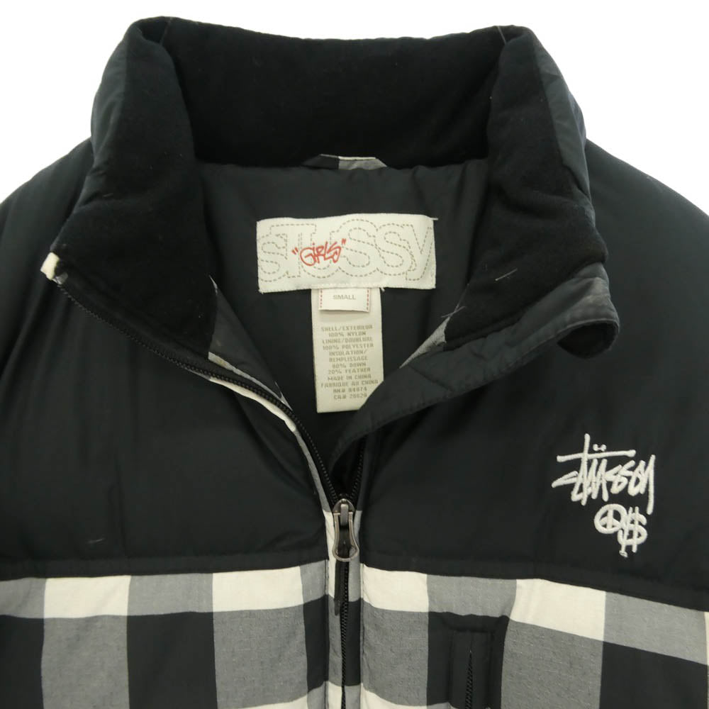 STUSSY ステューシー girls ガールズ ブロック チェック ロゴ 刺? ダウン ジャケット ブラック系 ホワイト系 S【中古】