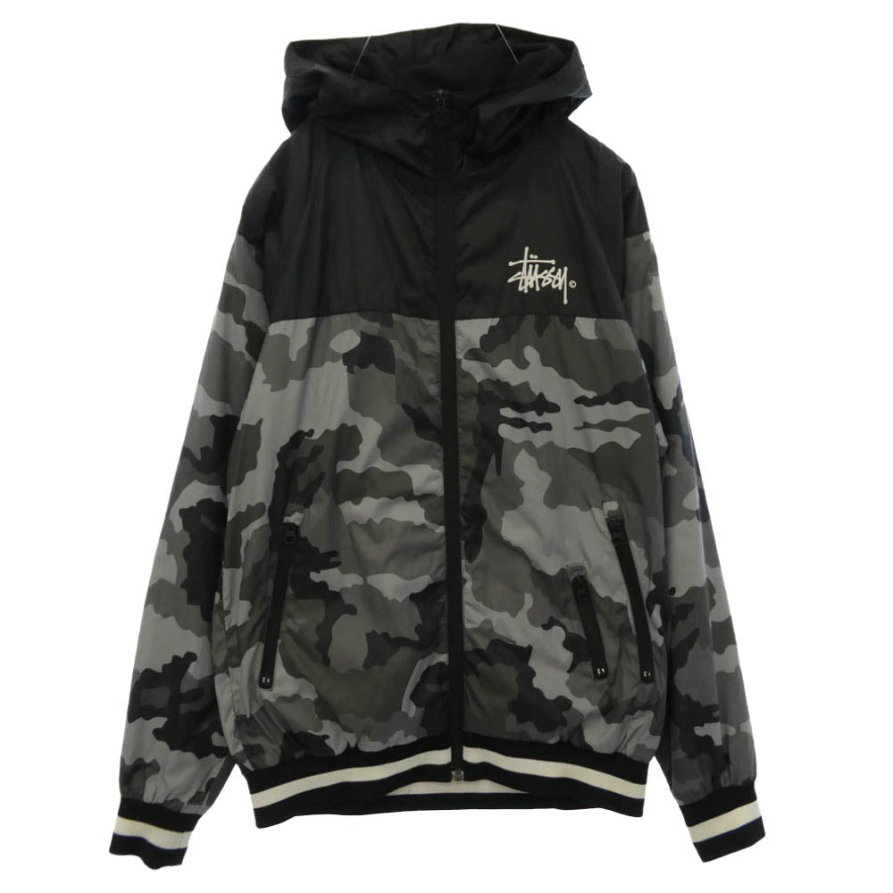 STUSSY ステューシー カモフラージュ 迷彩 柄 ロゴ プリント フーデッド ナイロン ジャケット グレー系 S【中古】