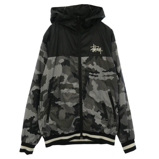 STUSSY ステューシー カモフラージュ 迷彩 柄 ロゴ プリント フーデッド ナイロン ジャケット グレー系 S【中古】