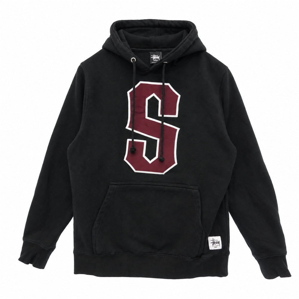STUSSY ステューシー USA製 S ワッペン ロゴ プルオーバー スウェット パーカー ブラック系 S【中古】