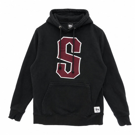 STUSSY ステューシー USA製 S ワッペン ロゴ プルオーバー スウェット パーカー ブラック系 S【中古】