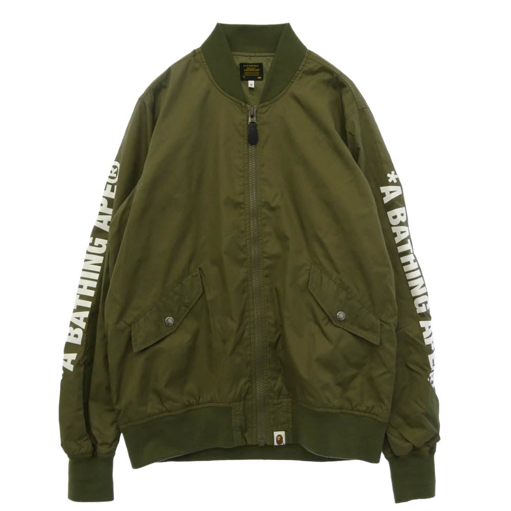 A BATHING APE アベイシングエイプ 001GDE201009X ナイロン 両袖 アーム ロゴ プリント MA-1 タイプ フライト ナイロン ジャケット ブルゾン カーキ系 M【中古】