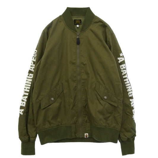 A BATHING APE アベイシングエイプ 001GDE201009X ナイロン 両袖 アーム ロゴ プリント MA-1 タイプ フライト ナイロン ジャケット ブルゾン カーキ系 M【中古】