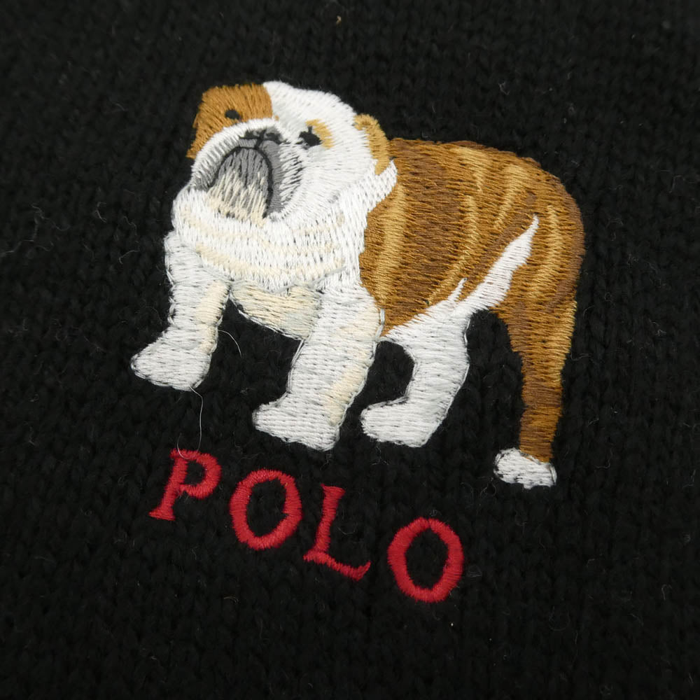 POLO RALPH LAUREN ポロ・ラルフローレン bulldog ブルドッグ 刺繍 ニット マフラー 黒系 ブラック系【中古】