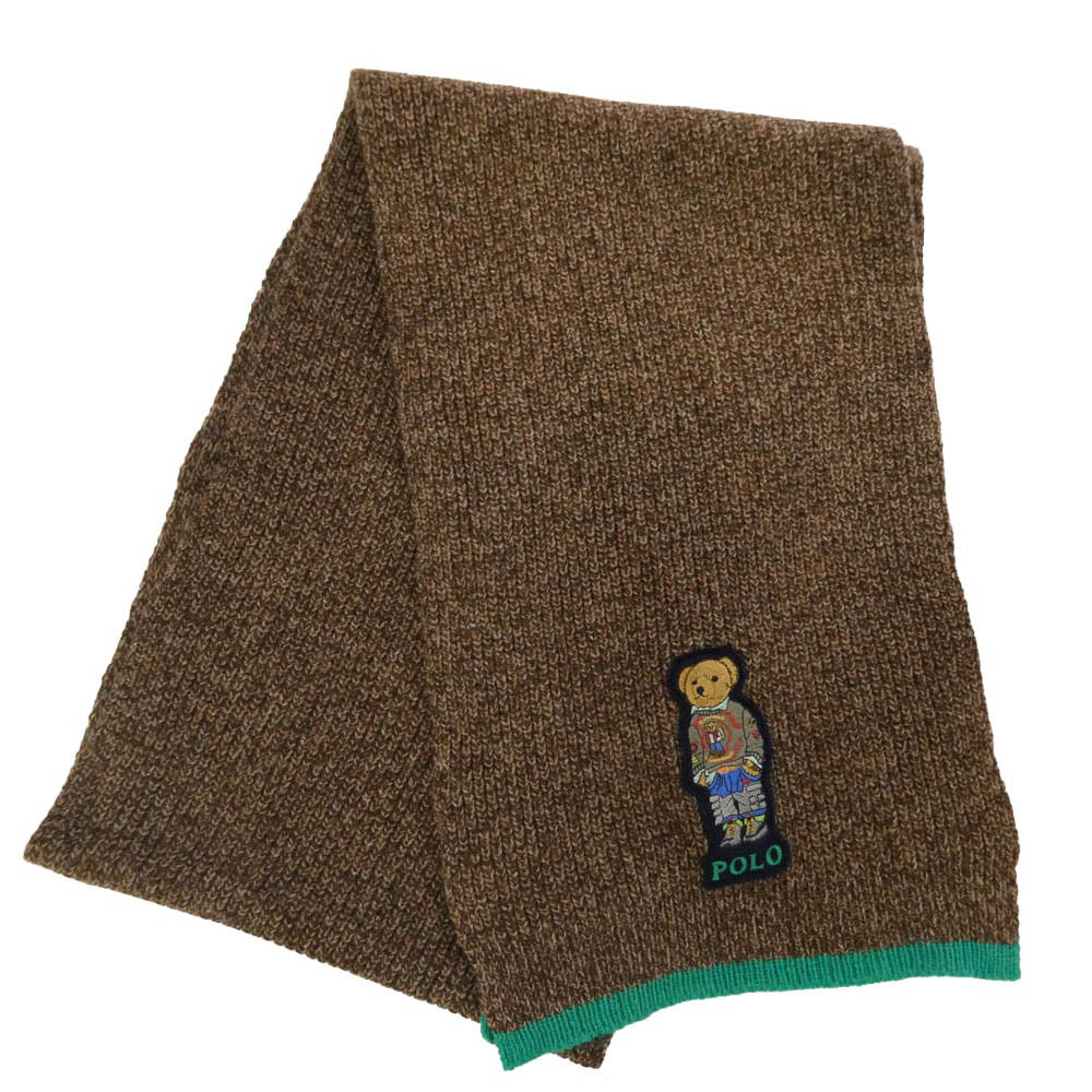 POLO RALPH LAUREN ポロ・ラルフローレン ポロベア 刺繍 ニット マフラー 茶系 ブラウン系 183cm×25.5cm【中古】