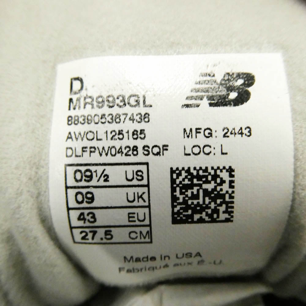 NEW BALANCE ニューバランス MR993GL 【フェイクバスターズ鑑定済】USA製 993 Gray スニーカー ランニングシューズ グレー系 27.5cm【新古品】【未使用】【中古】