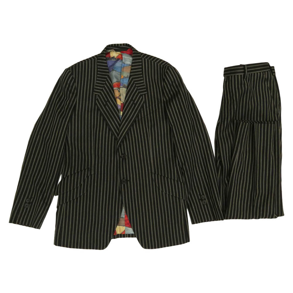 Paul Smith ポール・スミス ウール100％ ストライプ 裏地総柄 ダブルフラップポケット テーラード ジャケット パンツ セットアップ ブラック系 上下:L【中古】