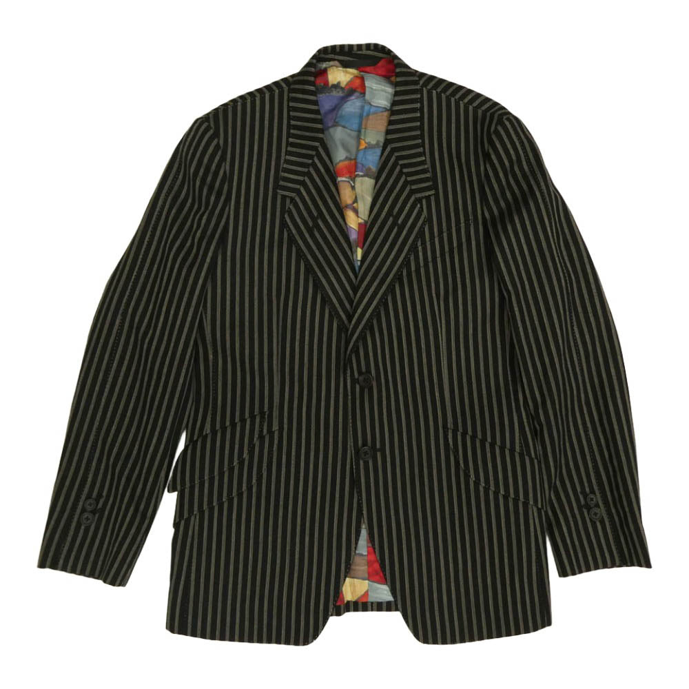 Paul Smith ポール・スミス ウール100％ ストライプ 裏地総柄 ダブルフラップポケット テーラード ジャケット パンツ セットアップ ブラック系 上下:L【中古】