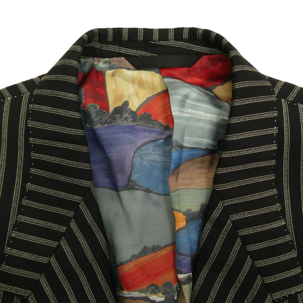 Paul Smith ポール・スミス ウール100％ ストライプ 裏地総柄 ダブルフラップポケット テーラード ジャケット パンツ セットアップ ブラック系 上下:L【中古】