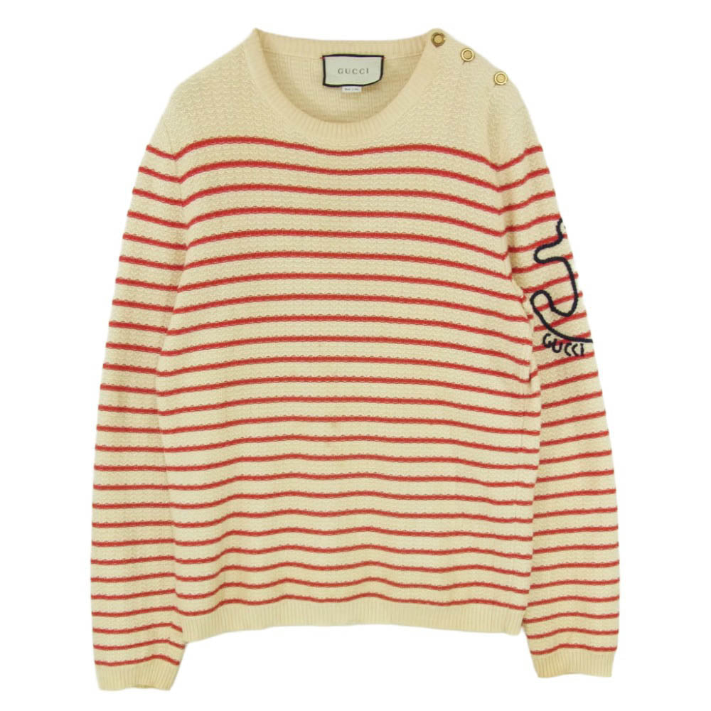 GUCCI グッチ 527947 アンカーエンブロイダリー ショルダーボタン ボーダー ニット セーター レッド系 ベージュ系 S【中古】