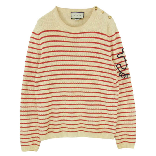 GUCCI グッチ 527947 アンカーエンブロイダリー ショルダーボタン ボーダー ニット セーター レッド系 ベージュ系 S【中古】