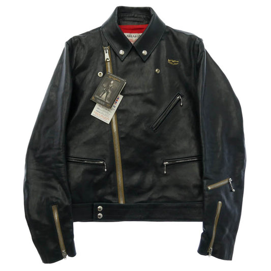 Lewis Leathers ルイスレザー 441T Cyclone サイクロン タイトフィット 茶芯 ベジタブルタンニン カウハイド スクエアパッチ ベージュテープ ライダース ジャケット ネイビー系 42【中古】