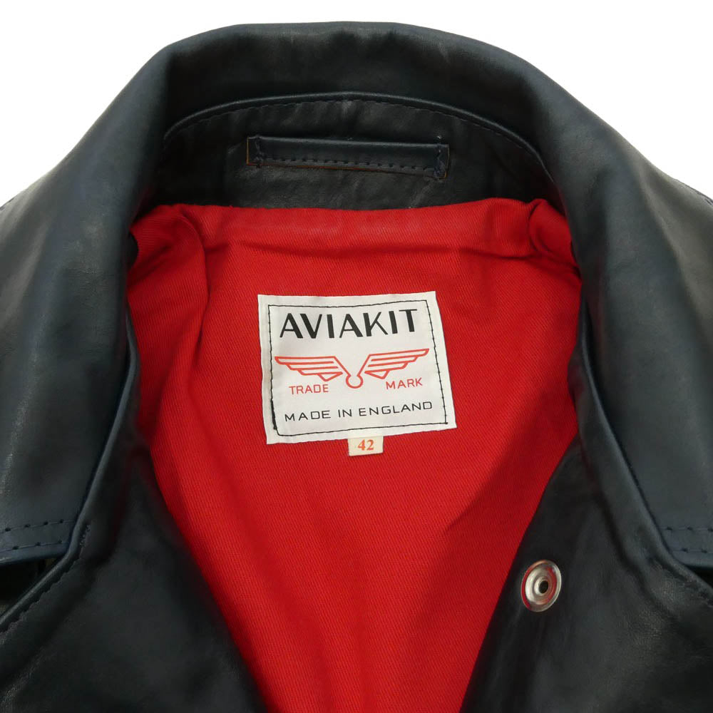 Lewis Leathers ルイスレザー 441T Cyclone サイクロン タイトフィット 茶芯 ベジタブルタンニン カウハイド スクエアパッチ ベージュテープ ライダース ジャケット ネイビー系 42【中古】