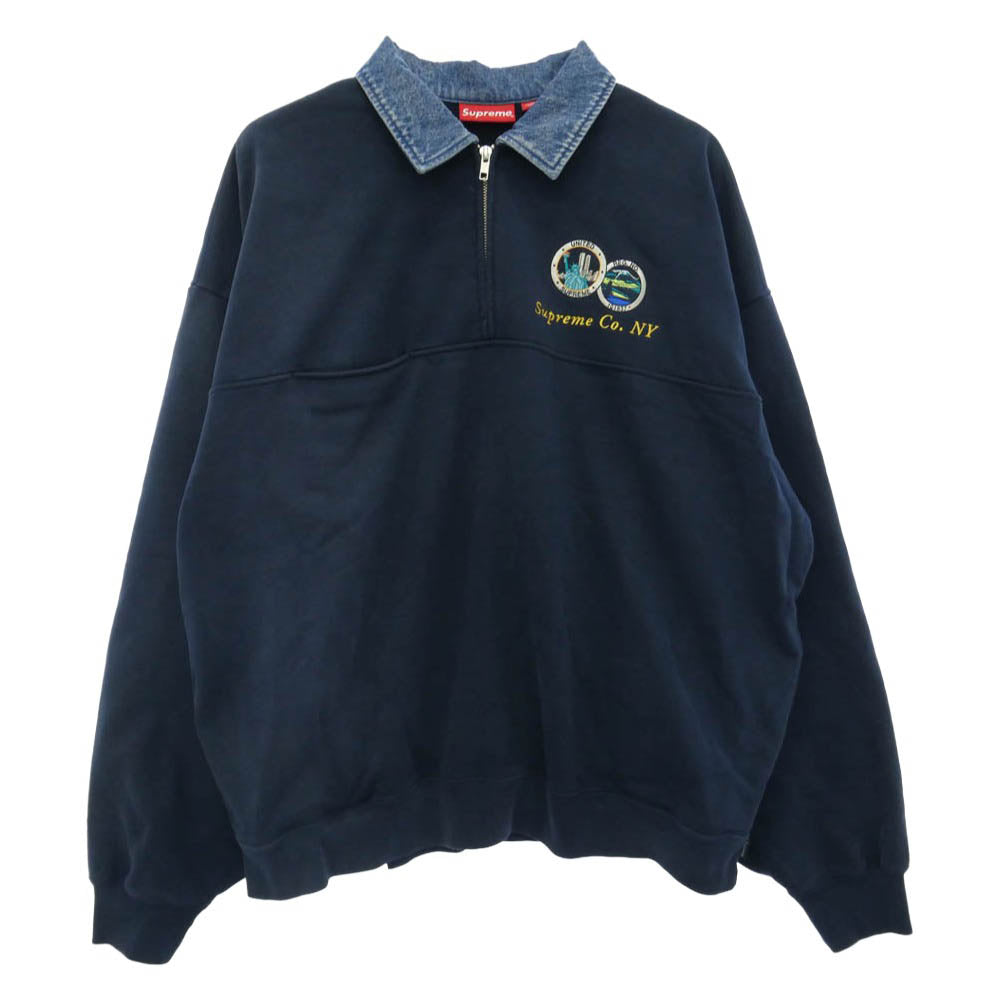 Supreme シュプリーム 23SS Denim Collar Half Zip Sweatshirt デニムカラー ハーフジップ スウェットシャツ トレーナー ネイビー系 L【中古】