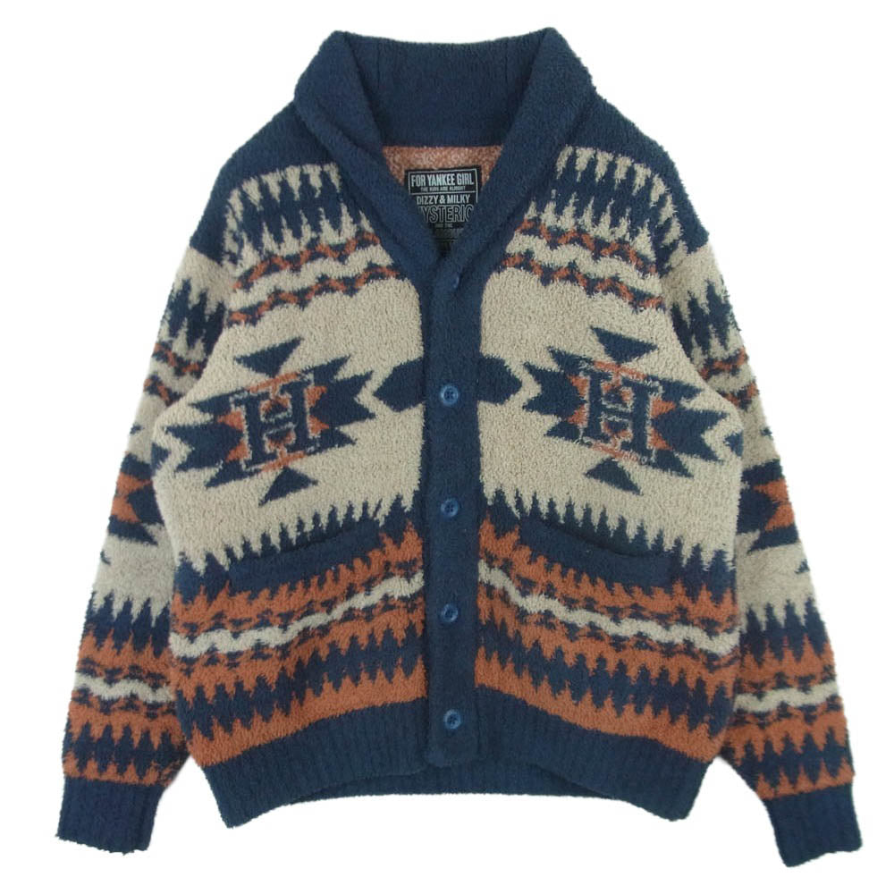 HYSTERIC GLAMOUR ヒステリックグラマー 23AW 02233ND03 SEE NO EVIL ジャカード シーノーエビル ショール カーディガン ネイビー系 ベージュ系 オレンジ系 M【中古】