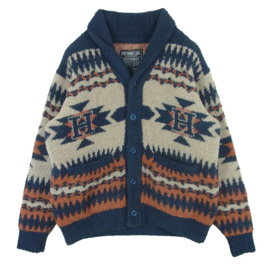 HYSTERIC GLAMOUR ヒステリックグラマー 23AW 02233ND03 SEE NO EVIL ジャカード シーノーエビル ショール カーディガン ネイビー系 ベージュ系 オレンジ系 M【中古】