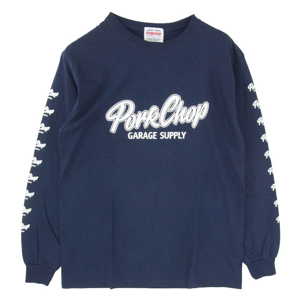 PORKCHOP ポークチョップ SCRIPT LOGO ロングスリーブ 丸首 クルーネック プリント 長袖 Tシャツ ネイビー系 M【美品】【中古】