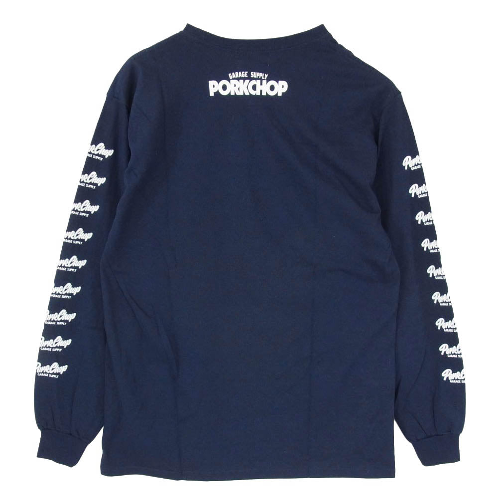 PORKCHOP ポークチョップ SCRIPT LOGO ロングスリーブ 丸首 クルーネック プリント 長袖 Tシャツ ネイビー系 M【美品】【中古】