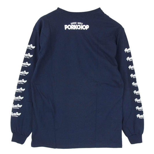 PORKCHOP ポークチョップ SCRIPT LOGO ロングスリーブ 丸首 クルーネック プリント 長袖 Tシャツ ネイビー系 M【美品】【中古】