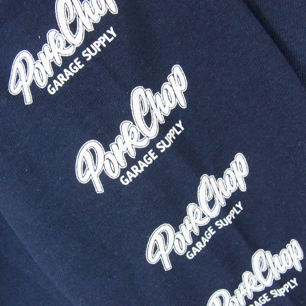 PORKCHOP ポークチョップ SCRIPT LOGO ロングスリーブ 丸首 クルーネック プリント 長袖 Tシャツ ネイビー系 M【美品】【中古】