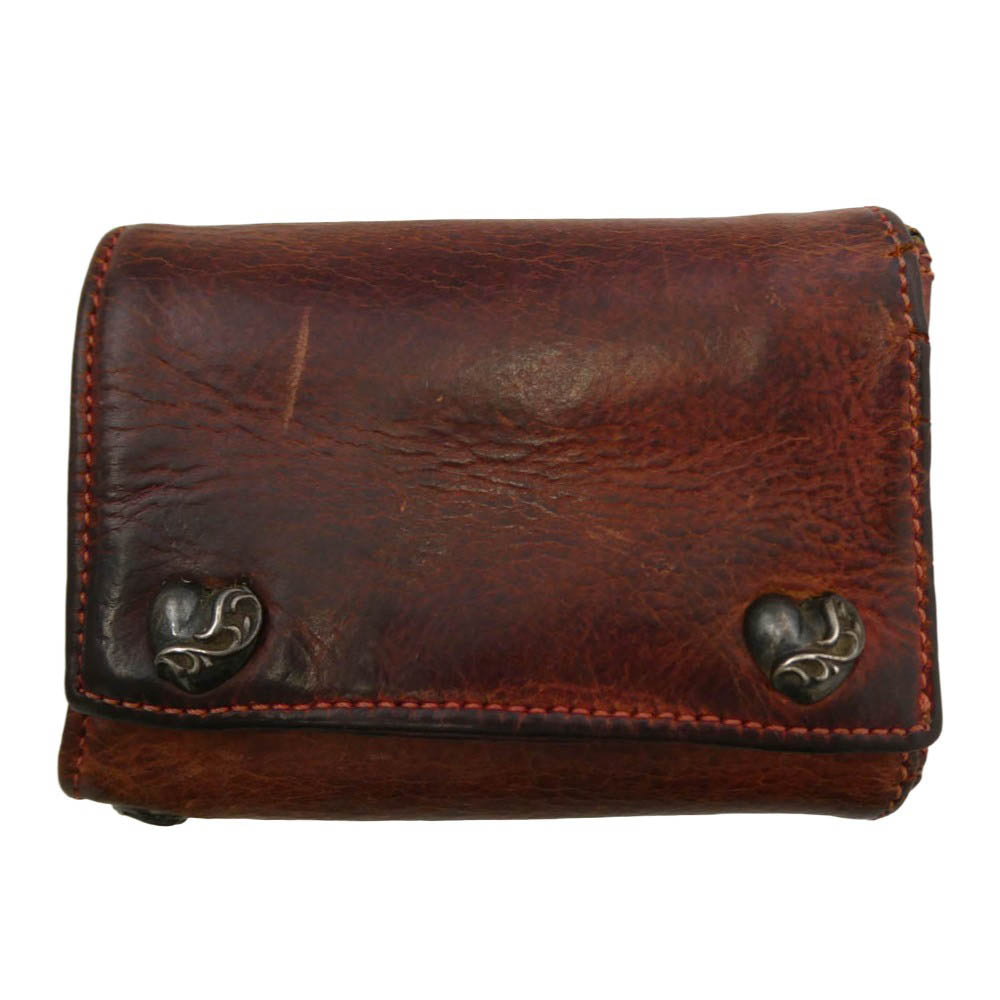 CHROME HEARTS クロムハーツ（原本無） 3FOLD 3フォールド ハートボタン レザーウォレット ブラウン系【中古】