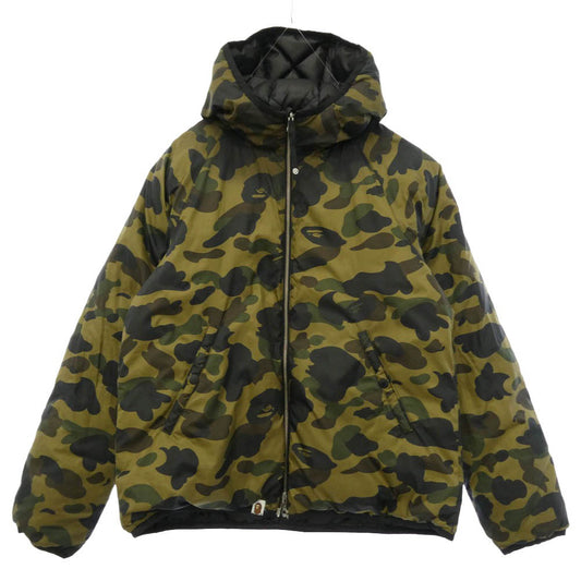 A BATHING APE アベイシングエイプ 1870-141-048 1ST CAMO ファーストカモ ワンポイント レザーパッチ ロゴ リバーシブル グリーンカモ キルティング ダウン ジャケット カモフラ 猿迷彩 グリーン系 L【中古】