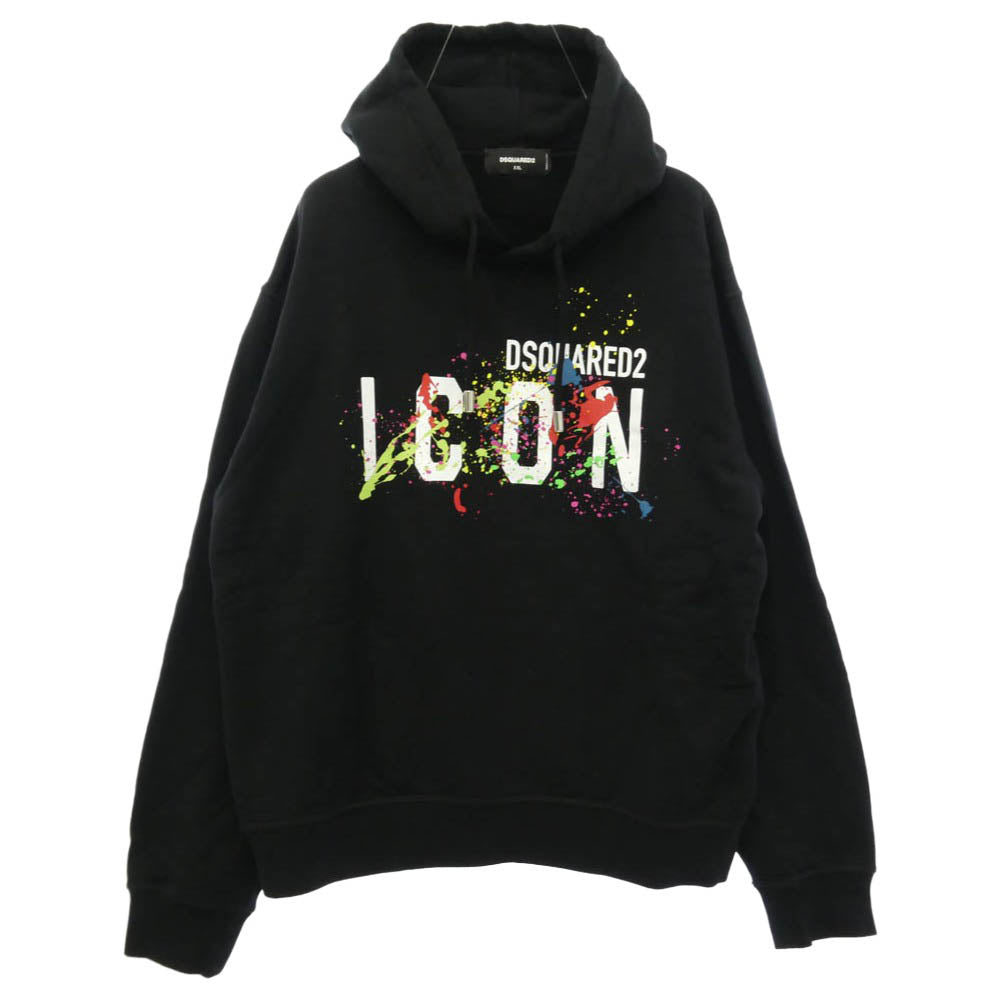DSQUARED2 ディースクエアード 22AW S79GU0072 ICON SPLASH HOODIE アイコン スプラッシュ フーディー パーカー ブラック系 XXL【中古】