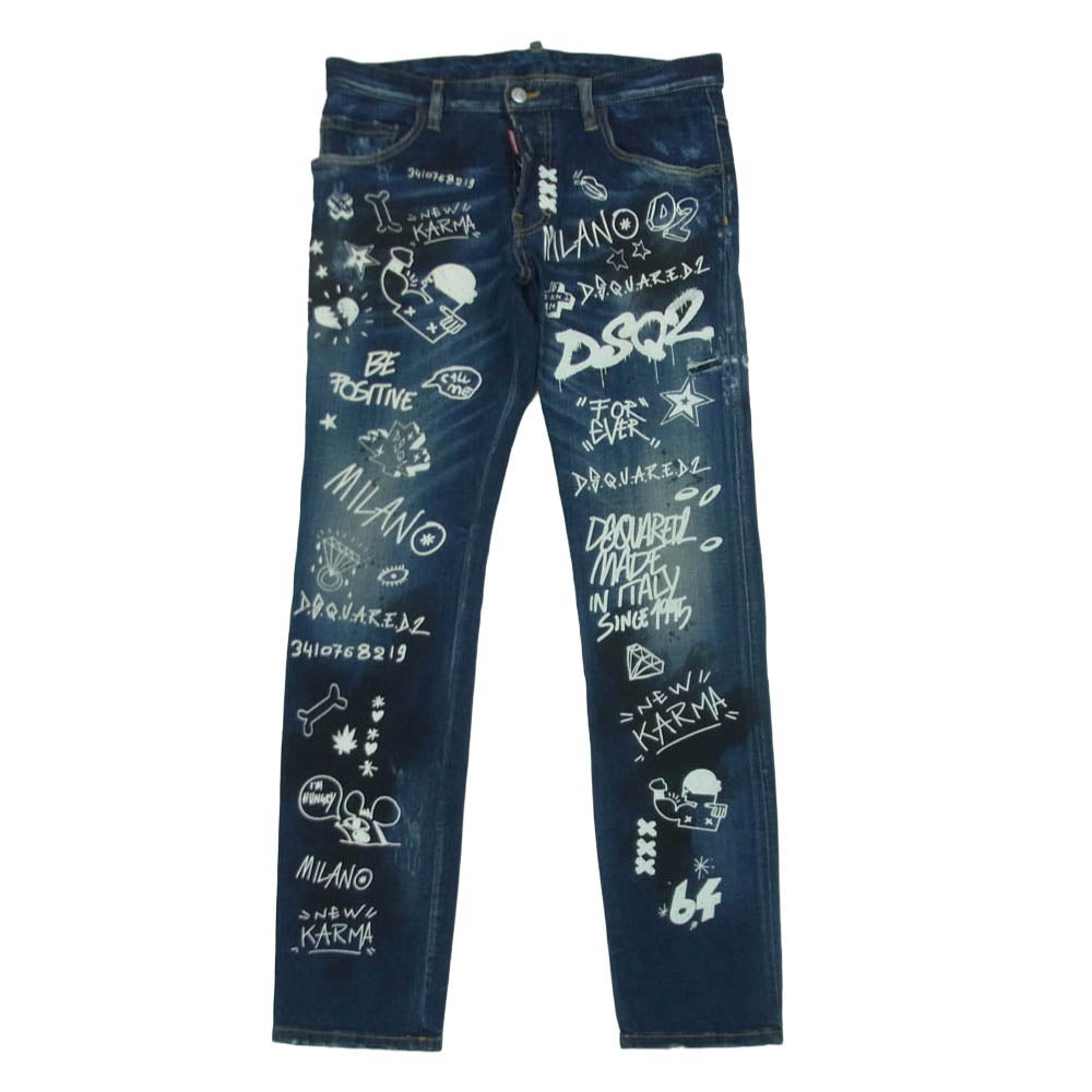 DSQUARED2 ディースクエアード 22SS S74LB1099 Dark Graffiti Wash Skater Jeans クラッシュ加工 ダーク グラフティ スケーター ジーンズ デニム パンツ インディゴブルー系 46【中古】