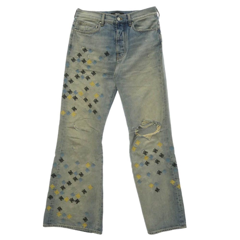 AMIRI アミリ 25SS SRAMDNFR1015 MA QUAD EMBROIDERED FLARE IND ロゴ 刺繍 フレア ダメージ デニム パンツ インディゴブルー系 31【中古】