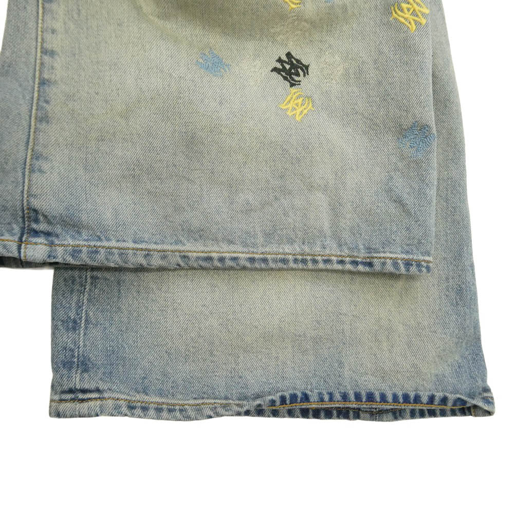 AMIRI アミリ 25SS SRAMDNFR1015 MA QUAD EMBROIDERED FLARE IND ロゴ 刺繍 フレア ダメージ デニム パンツ インディゴブルー系 31【中古】