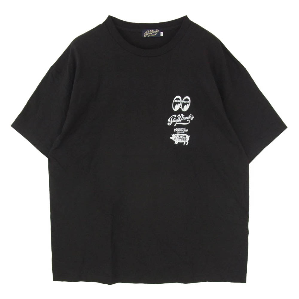 PORKCHOP ポークチョップ × MOONEYES × FLY WHEELS Model N PROJECT TEE ムーンアイズ フライホイール トリプルネーム ロゴ プリント 半袖 Tシャツ ブラック系 XXL【美品】【中古】