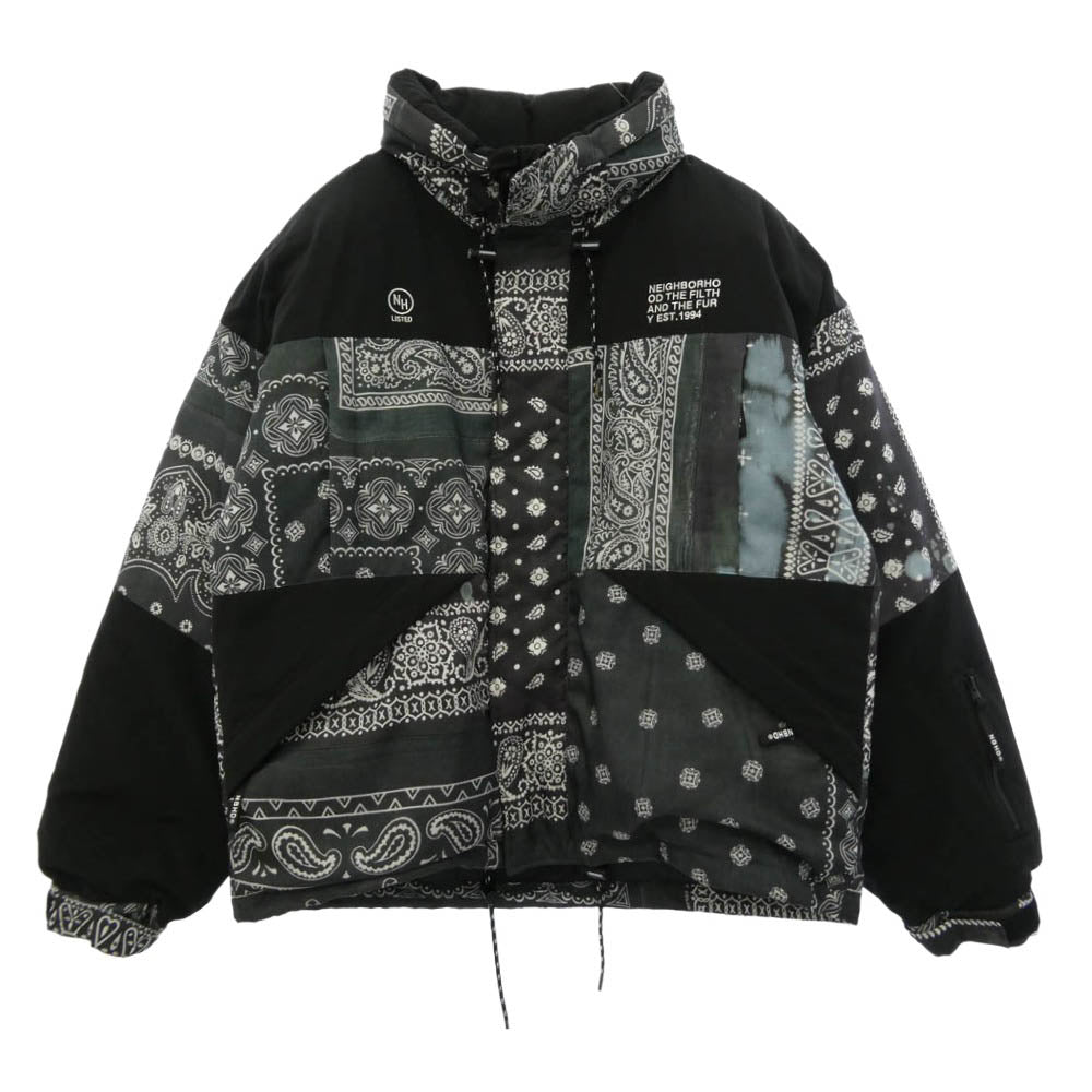 NEIGHBORHOOD ネイバーフッド 21AW 212TSNH-JKM11 BANDANA CHOPPED DOWN E-JKT 総柄 バンダナ チョップド ロゴ刺繍 アウター ダウンジャケット ブラック系 XL【中古】
