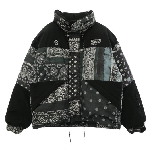 NEIGHBORHOOD ネイバーフッド 21AW 212TSNH-JKM11 BANDANA CHOPPED DOWN E-JKT 総柄 バンダナ チョップド ロゴ刺繍 アウター ダウンジャケット ブラック系 XL【中古】