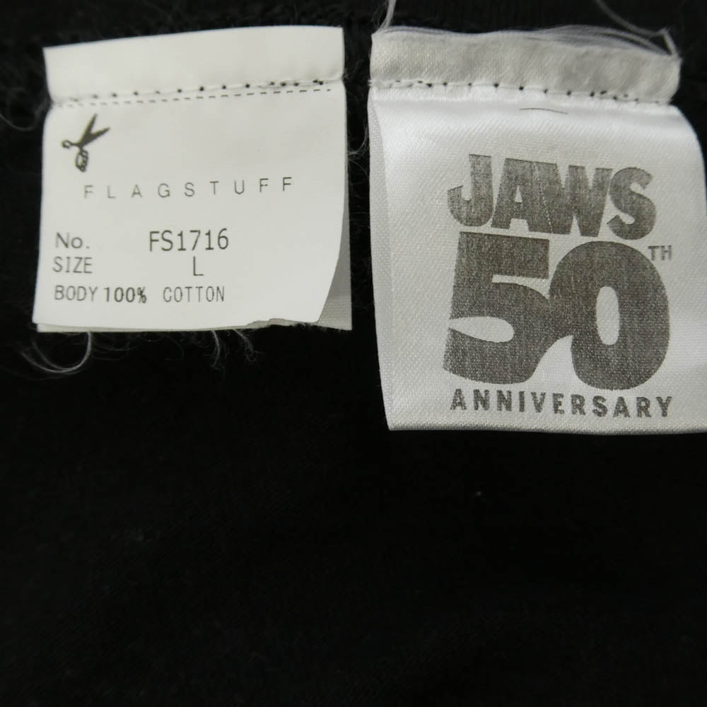 FLAGSTUFF フラグスタフ × JAWS ジョーズ DON'T GO IN THE WATER MOVIE TEE 半袖 Tシャツ カットソー ブラック系 L【中古】