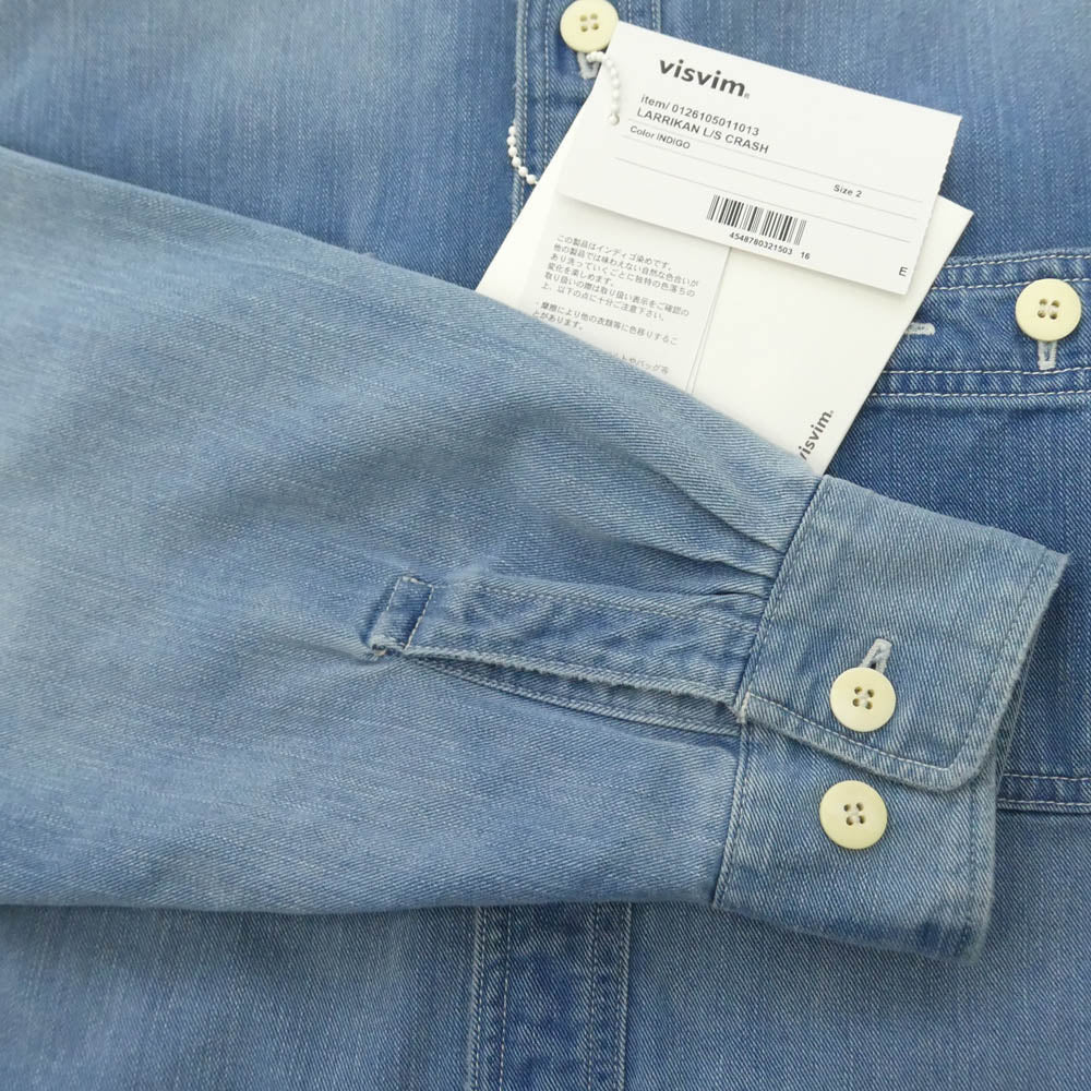 VISVIM ビズビム 26SS 126105011013 LARRIKAN L/S CRASH ダメージリペア加工 クラッシュ 長袖 ワークシャツ インディゴブルー系 2【新古品】【未使用】【中古】