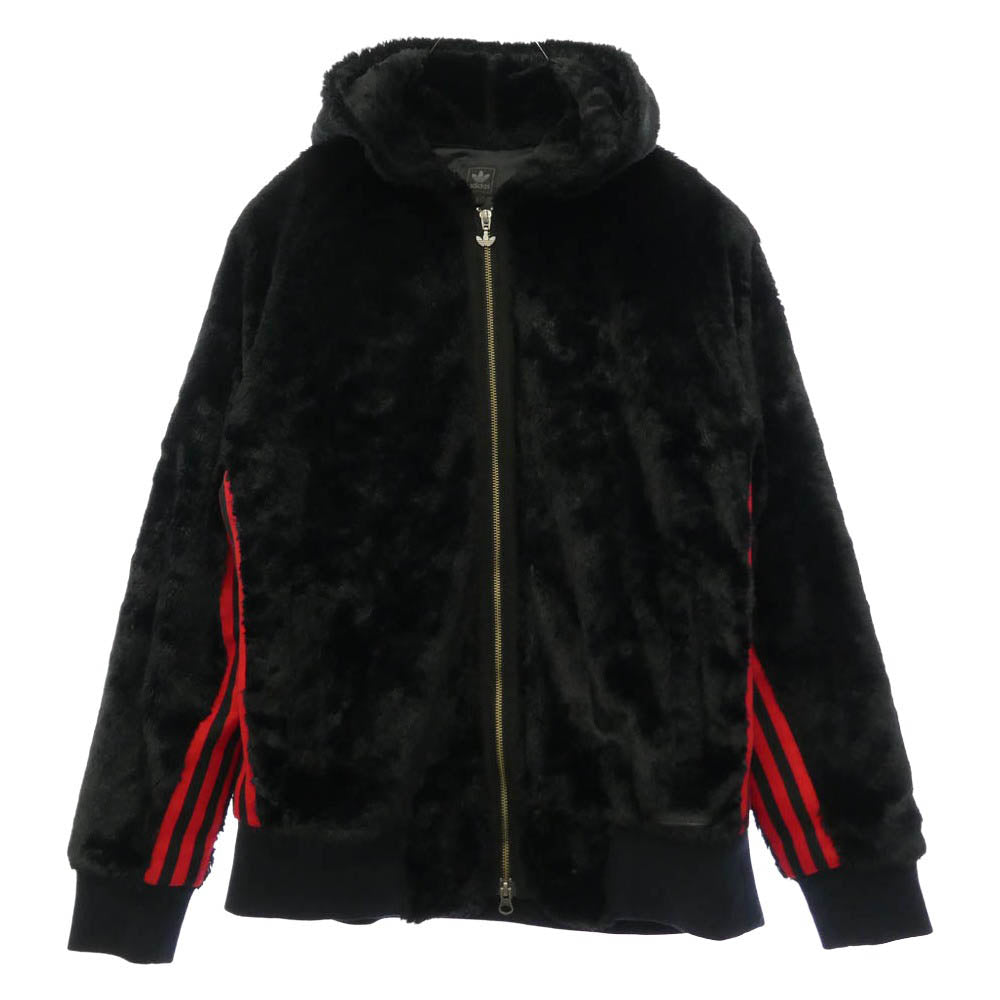 adidas アディダス フェイクファー サイドスリーライン ジップアップ パーカー フーディー ブラック系 O【中古】