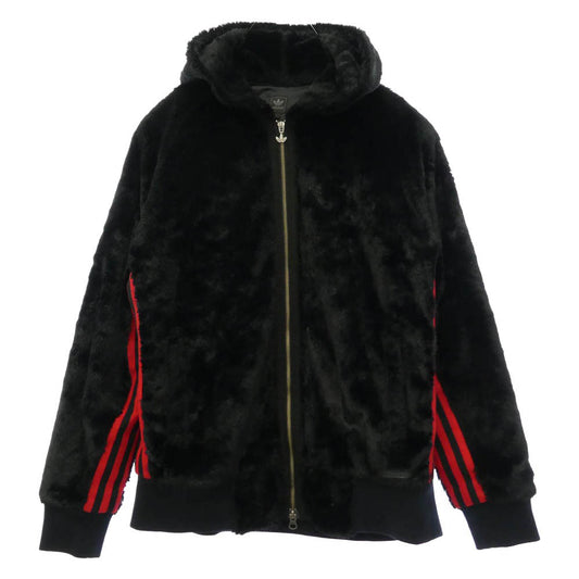 adidas アディダス フェイクファー サイドスリーライン ジップアップ パーカー フーディー ブラック系 O【中古】