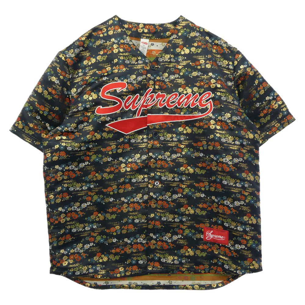 Supreme シュプリーム 26SS Floral Jaquard Baseball Jersey フローラル ジャガード ベースボール ジャージー 花柄 ロゴ刺繍 半袖 シャツ ネイビー系 XL【中古】