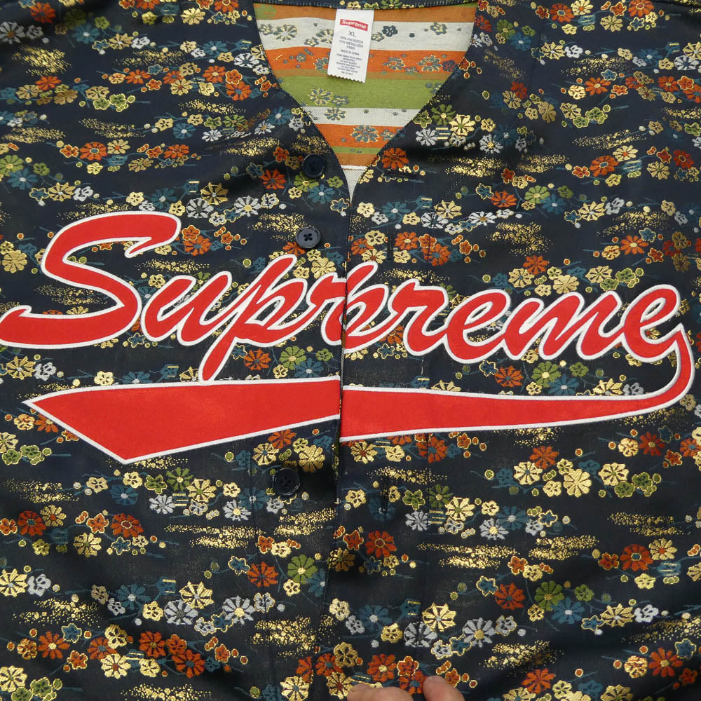Supreme シュプリーム 26SS Floral Jaquard Baseball Jersey フローラル ジャガード ベースボール ジャージー 花柄 ロゴ刺繍 半袖 シャツ ネイビー系 XL【中古】