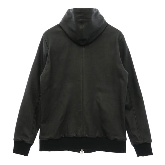 1piu1uguale3 ウノピュウノウグァーレトレ MRB547 LAB042 CRAZY STRETCH LAMB ストレッチラムレザー フーデッド ライダースジャケット ジップアップ パーカー ブラック系 VI【中古】