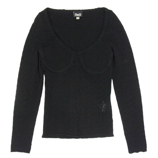 DOLCE&GABBANA ドルチェアンドガッバーナ イタリア製 フロントデザイン 長袖 ニット カットソー ブラック系 XS【中古】