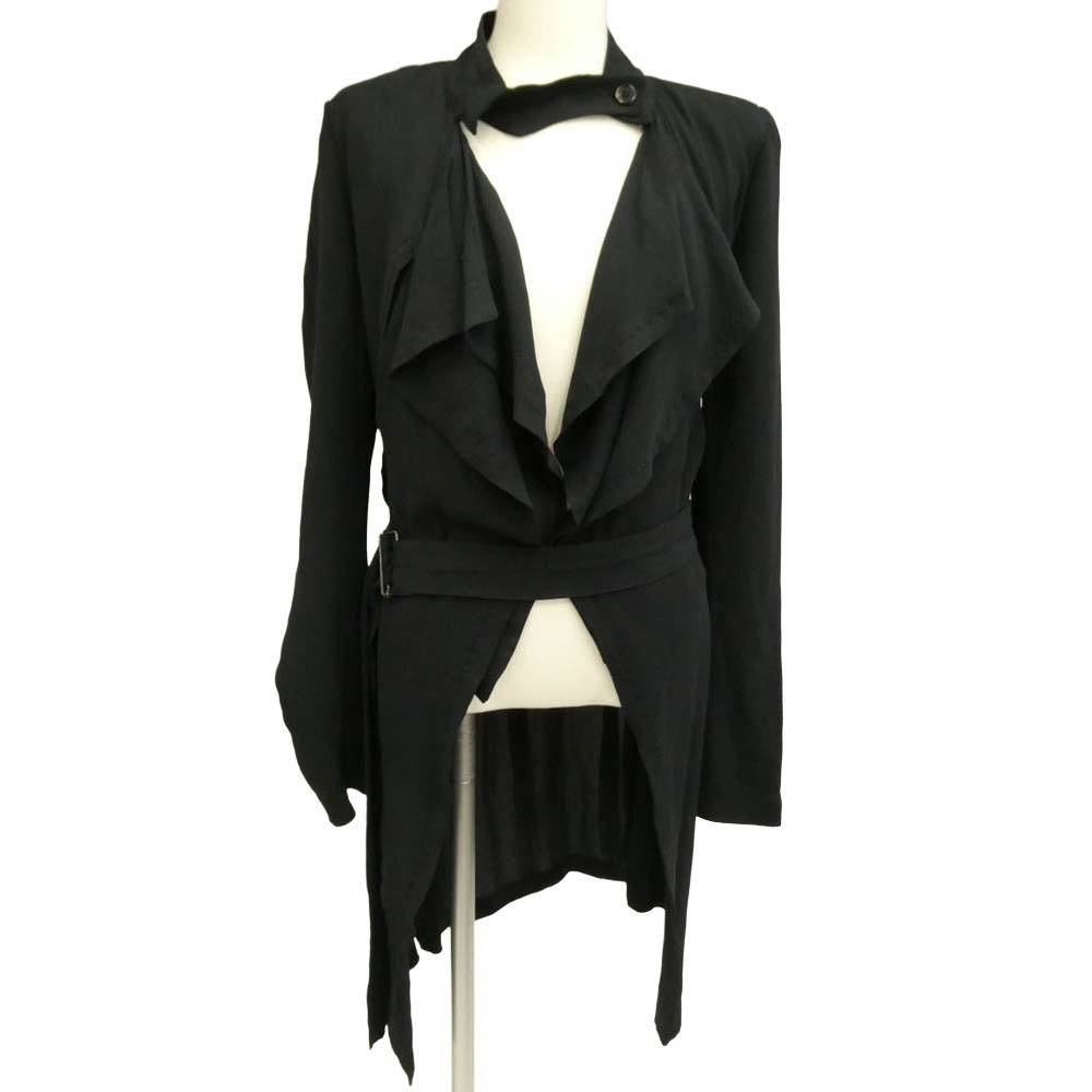 ANN DEMEULEMEESTER アンドゥムルメステール 352-38-60803 シルク100% パラシュートベルトデザイン ドレープ アシメトリーコート ジャケット ブラック系 36【中古】