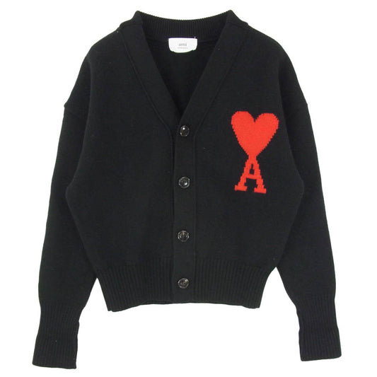AMI PARIS アミパリス BFUKC002.018 ハートロゴ ショート丈 クロップド ウール カーディガン ブラック系 XS【中古】