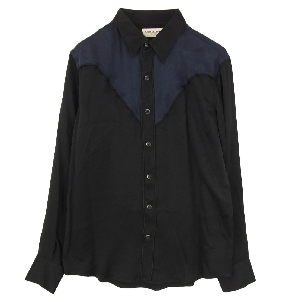 SAINT LAURENT サンローラン 16SS 432842 Y933M Hedi Slimane Archive エディ期 WESTERN PIPING SHIRT IN SILK ウエスタン シルク パイピング 長袖シャツ ネイビー系 ブラック系 M【中古】