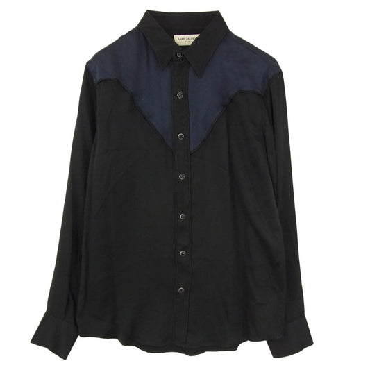 SAINT LAURENT サンローラン 16SS 432842 Y933M Hedi Slimane Archive エディ期 WESTERN PIPING SHIRT IN SILK ウエスタン シルク パイピング 長袖シャツ ネイビー系 ブラック系 M【中古】