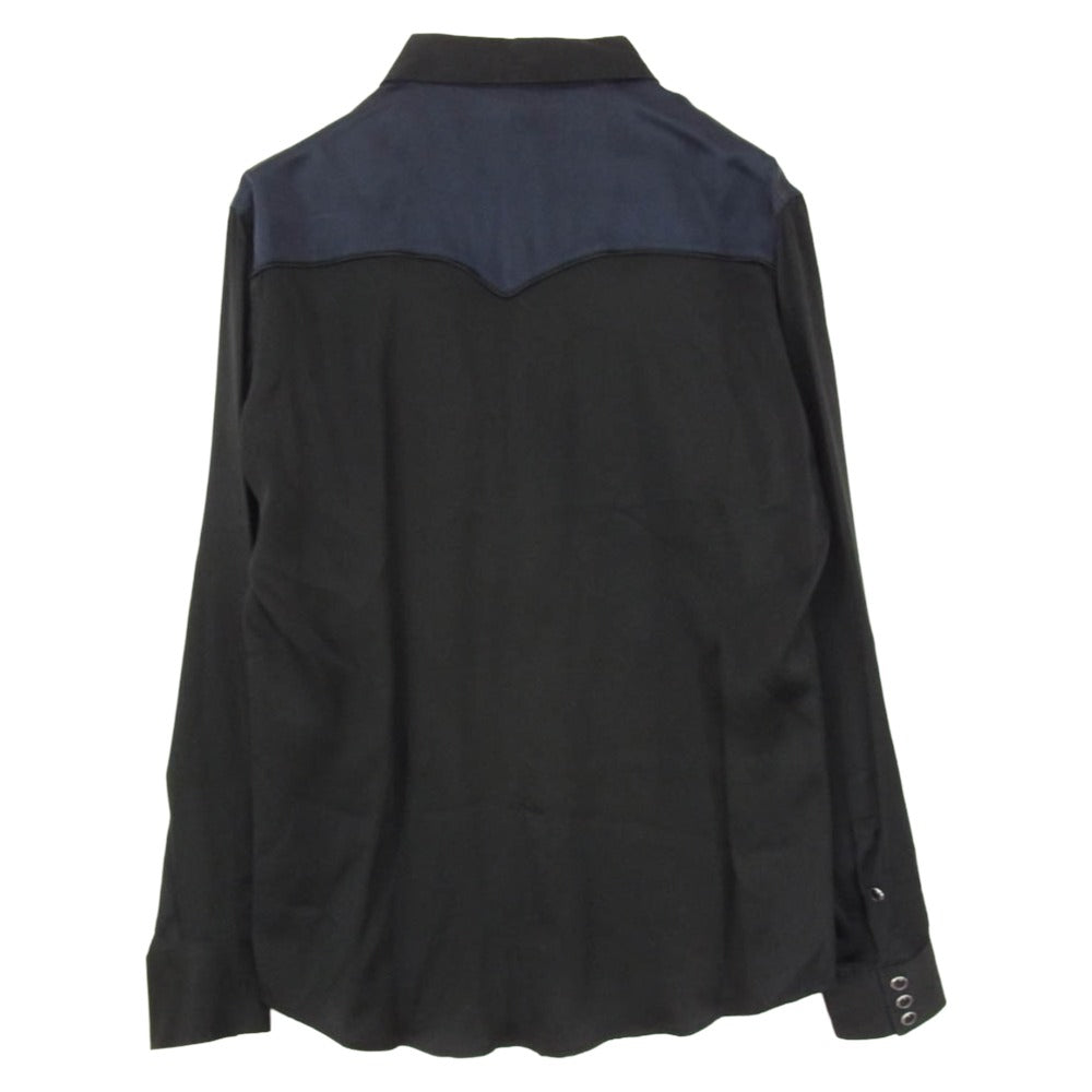 SAINT LAURENT サンローラン 16SS 432842 Y933M Hedi Slimane Archive エディ期 WESTERN PIPING SHIRT IN SILK ウエスタン シルク パイピング 長袖シャツ ネイビー系 ブラック系 M【中古】