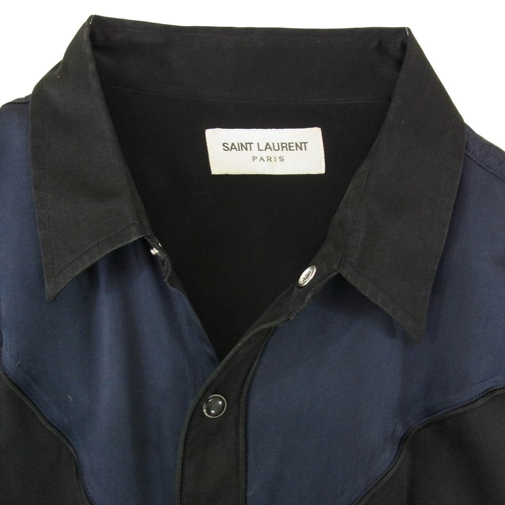 SAINT LAURENT サンローラン 16SS 432842 Y933M Hedi Slimane Archive エディ期 WESTERN PIPING SHIRT IN SILK ウエスタン シルク パイピング 長袖シャツ ネイビー系 ブラック系 M【中古】