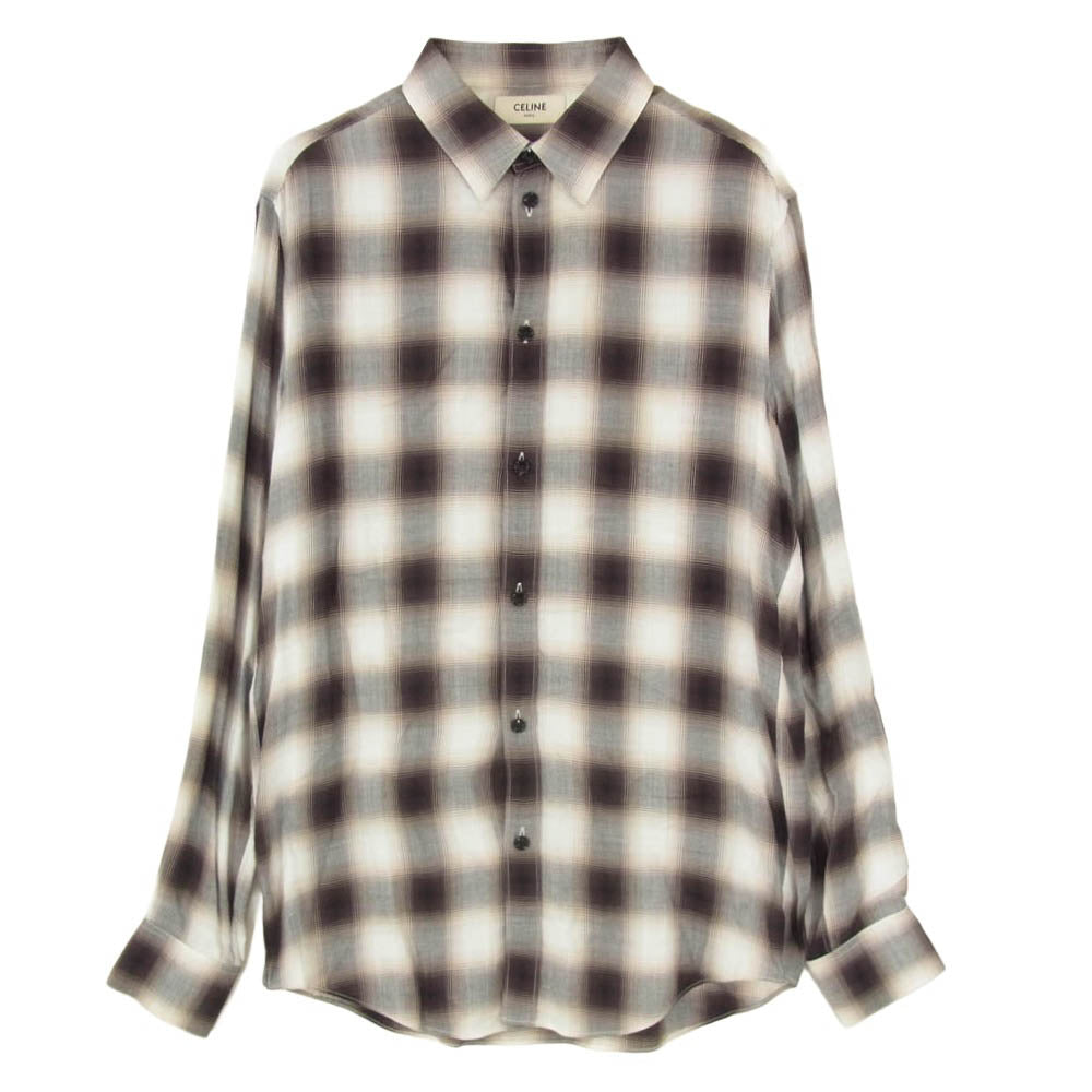 CELINE セリーヌ 21AW 2C154878D Hedi Slimane Archive エディ期 LOOSE SHIRT IN OMBRE CHECKED RAYON オンブレ チェック柄 レーヨン 長袖 シャツ ブラウン系 38【新古品】【未使用】【中古】