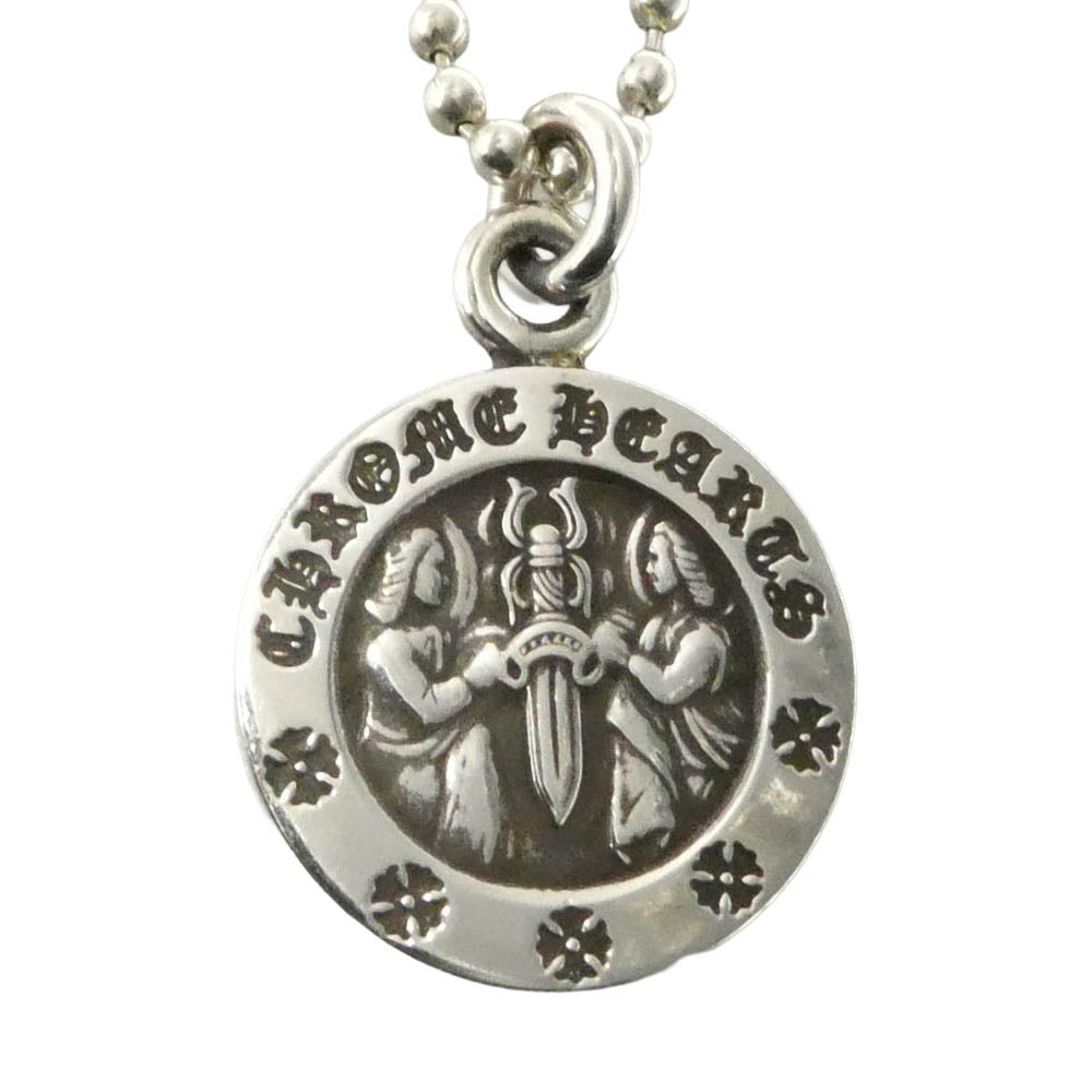 CHROME HEARTS クロムハーツ（原本無） 2025年直営店購入レシート付属 CHRM ANGL MDL V2 エンジェルメダル チャーム ペンダントトップ + ボールチェーン30inch ネックレス シルバー系【中古】