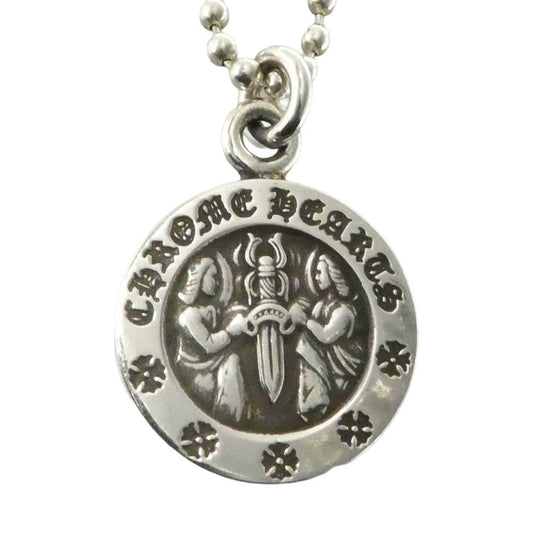 CHROME HEARTS クロムハーツ（原本無） 2025年直営店購入レシート付属 CHRM ANGL MDL V2 エンジェルメダル チャーム ペンダントトップ + ボールチェーン30inch ネックレス シルバー系【中古】